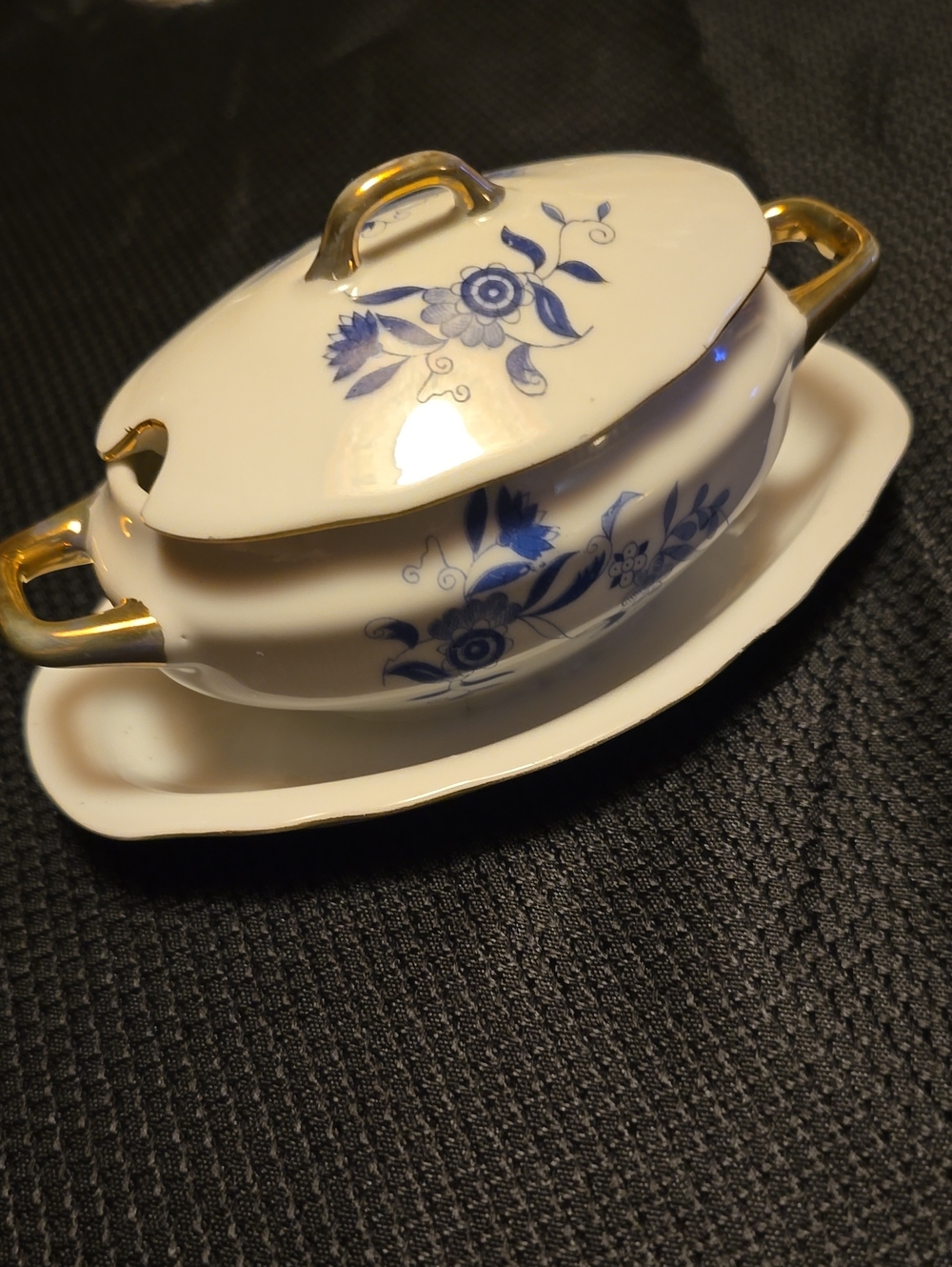 Blue Floral Porcelain Covered Butter Dish with Gold Trim